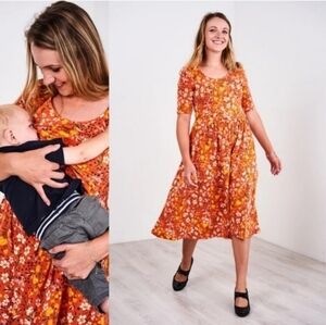 Latched Mama classic cotton nursing dress in tangerine blooms, medium